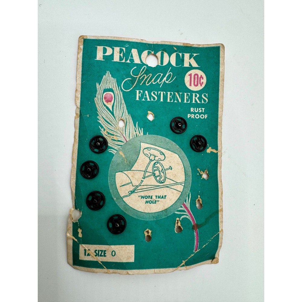 Peacock‎ Snap Fasteners Size 0 Black Vintage Sew-On Metal Rust Proof Notions